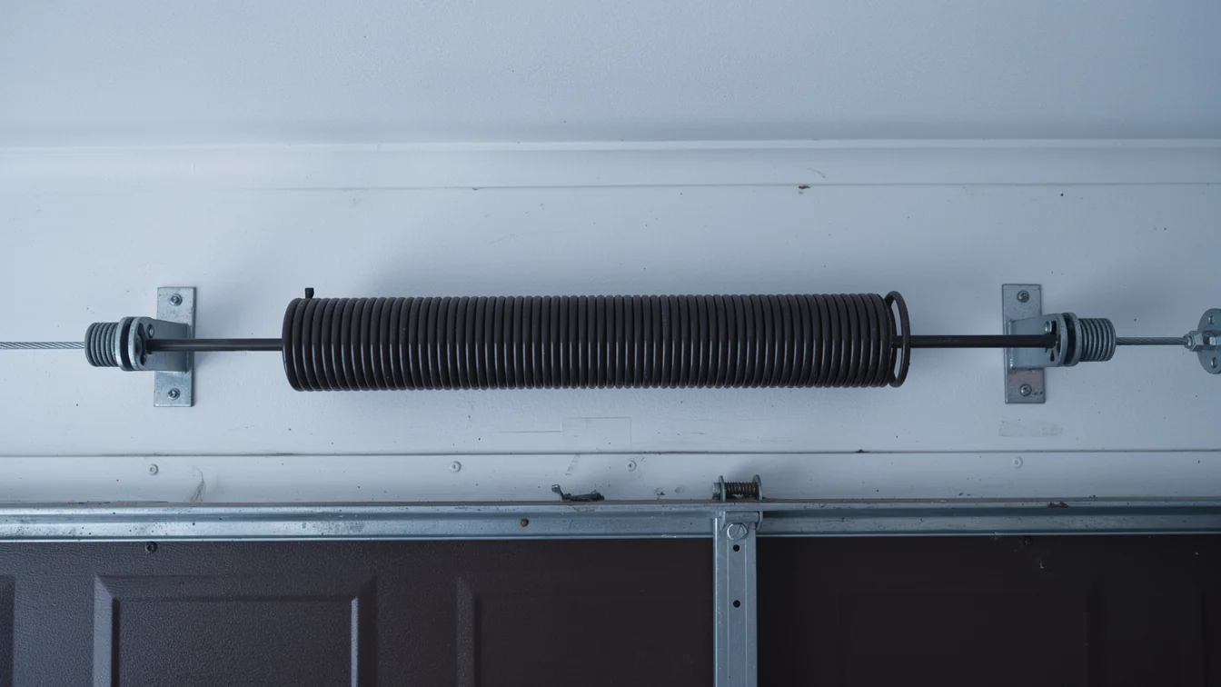 A dark torsion spring is mounted above a brown garage door.