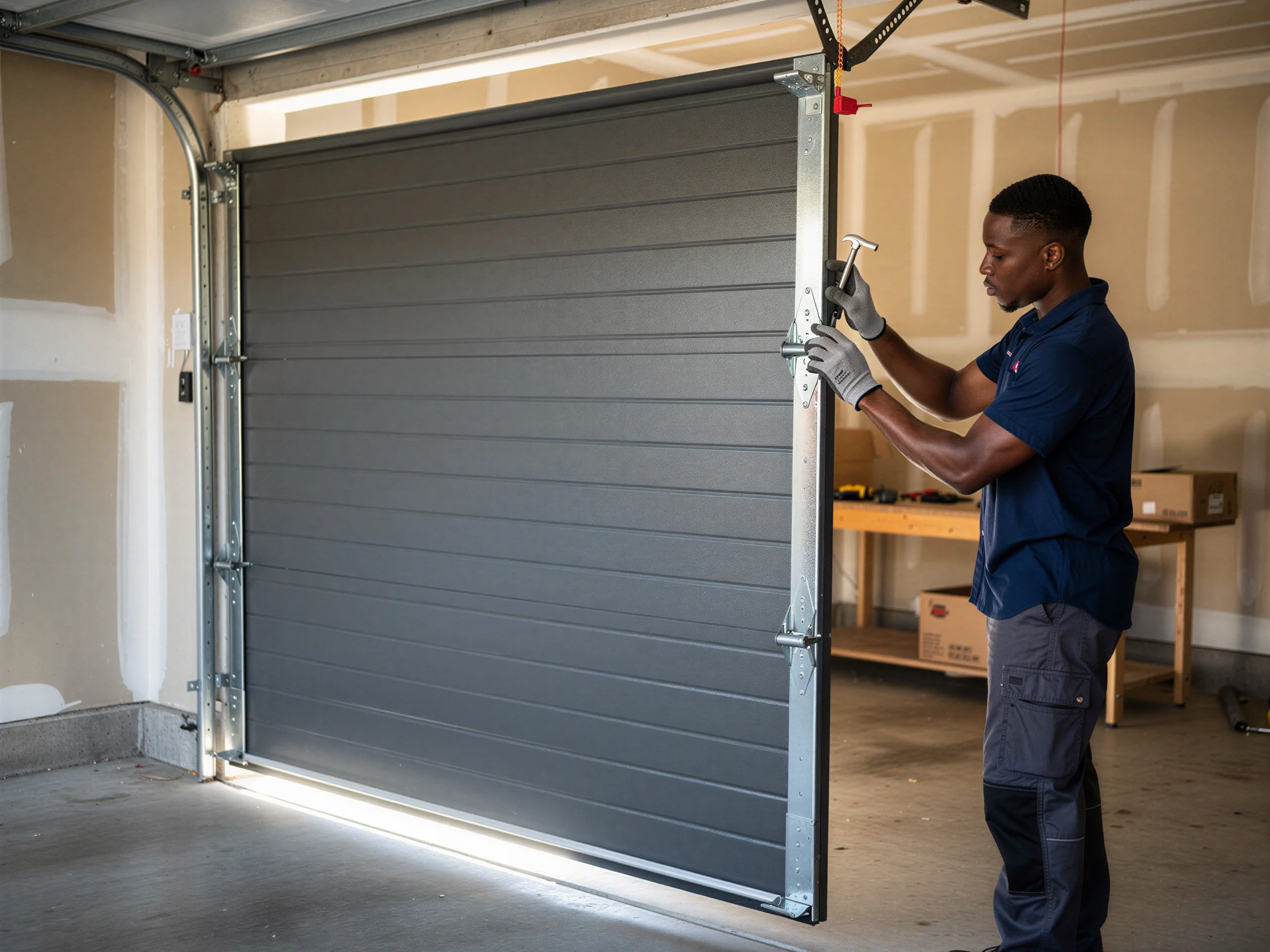 A technician in gloves works on a gray garage door with a hammer.