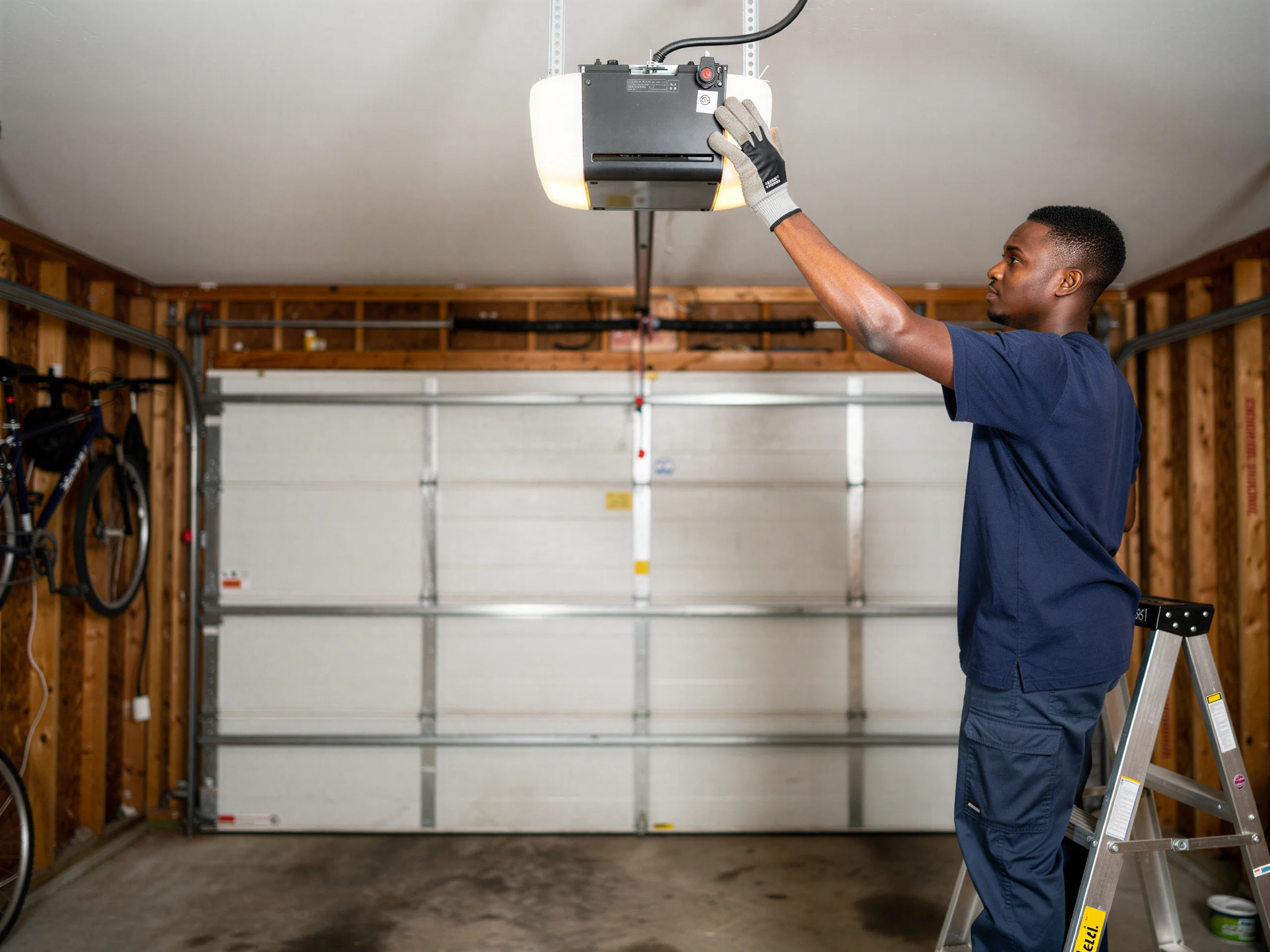 A technician on a ladder adjusts a garage door opener above a white garage door.